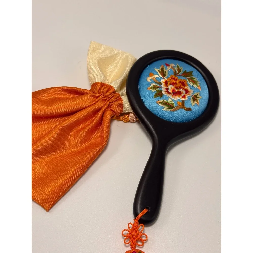 Traditional Korean Handheld Mirror Embroidered Floral Silk Blue Orange Tassel